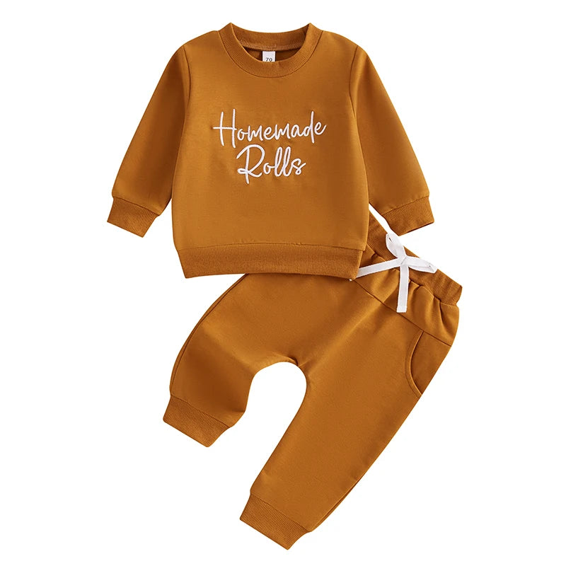 Toddler Girl Boy Thanksgiving Outfits Letter Embroidery Long Sleeve Sweatshirt with Elastic Waist Solid Pants 2Pcs Set -