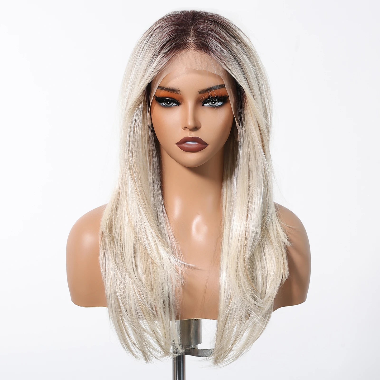 Glow with confidence wearing this ombre blonde platinum 13x6 lace frontal wig—long, straight, heat-resistant, and designed for a natural hairline, perfect for daily wear! -
