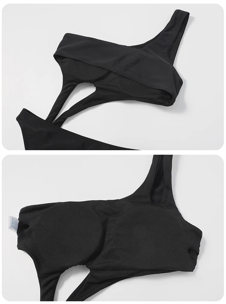 Black Women Swim Suit One-piece Swimsuits Korean Fused Swimwear Ladies Bathing Suits Off Shoulder Bodysuit Monokini Beachwear -