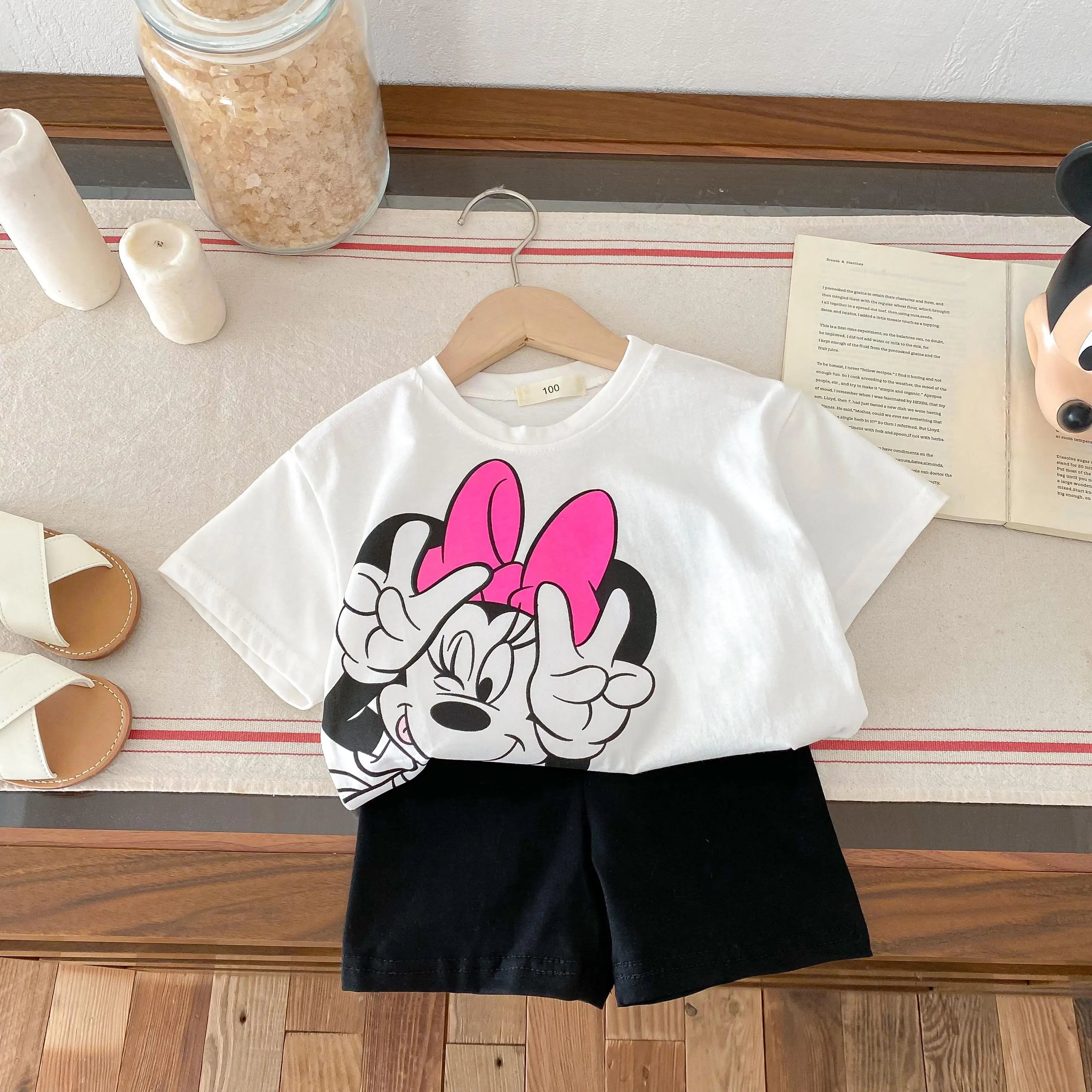 Girls Child Suits Cartoon TShirt Solid Color Shorts 2pcs Short Sleeve Tracksuits Outer Wear Kids Casual Cute Black Tees Outfit -