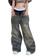 Rock the retro vibe with these baggy distressed low-rise vintage denim pants—loose, patched, and perfect for a cool mom style! -