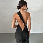 One Shoulder Sleeveless Backless Maxi Dress -
