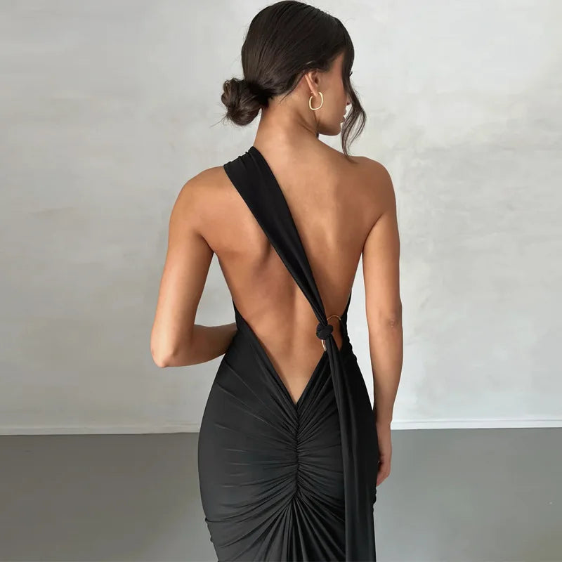 One Shoulder Sleeveless Backless Maxi Dress -