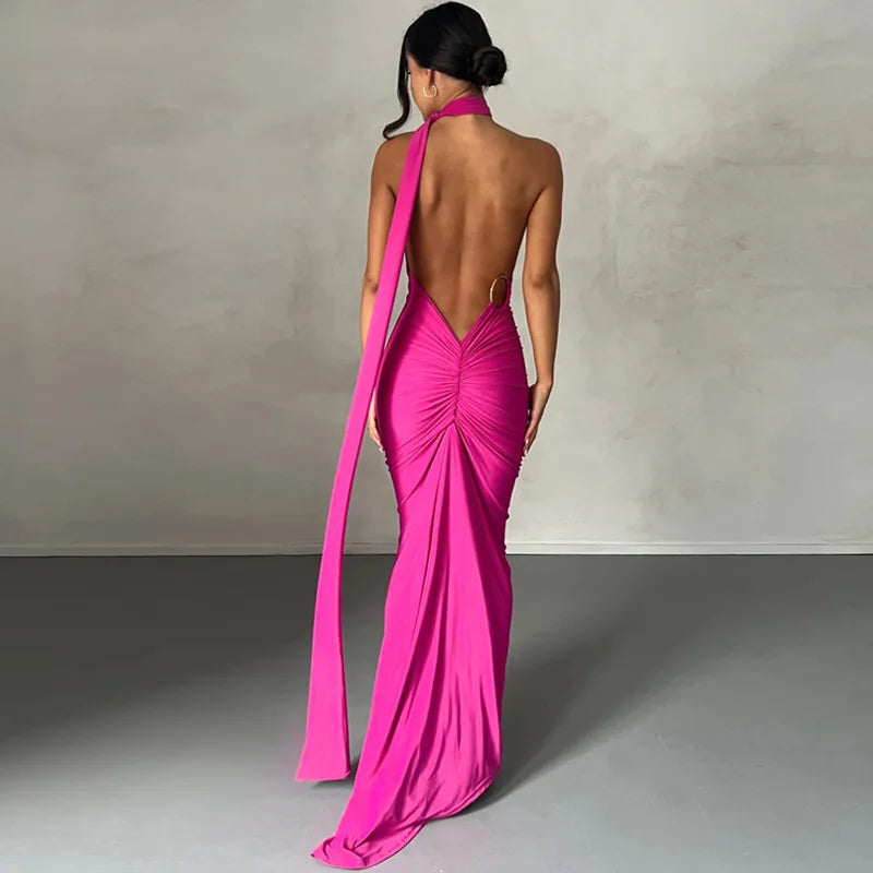 One Shoulder Sleeveless Backless Maxi Dress -