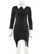 Turn-down Collar Solid Patchwork Long Sleeve Dress -