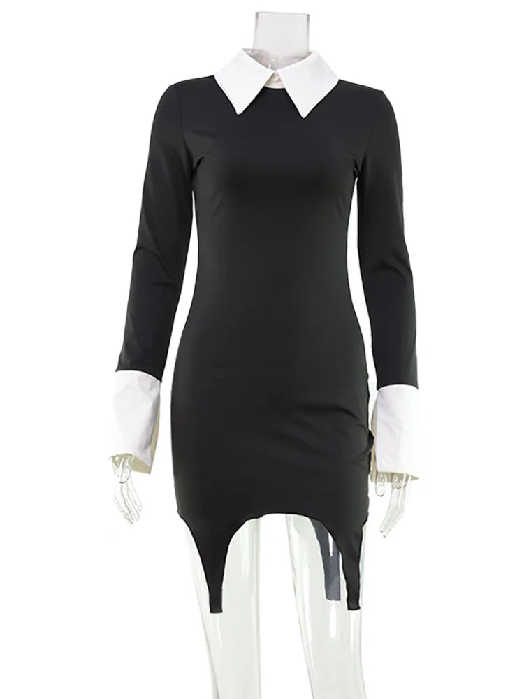 Turn-down Collar Solid Patchwork Long Sleeve Dress -