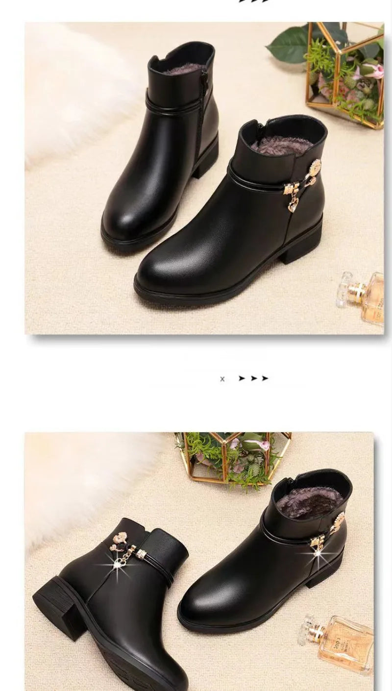 Winter Boots Women's Waterproof Warm Leather Mother Cotton Boots Fashion Black Mid heel Plush Snow Boots Soft Sole Short Boot -