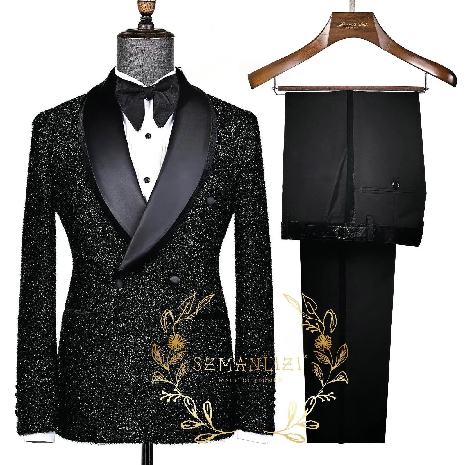 Fashion Shiny Black Men's Suits Slim Fit Double Breasted Shawl Lapel 2 Piece Jacket Pants Male Clothing Prom Party Outfits -