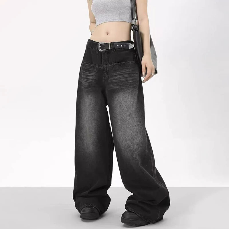 Rock a vintage vibe with these oversized retro black wide-leg jeans for women! -