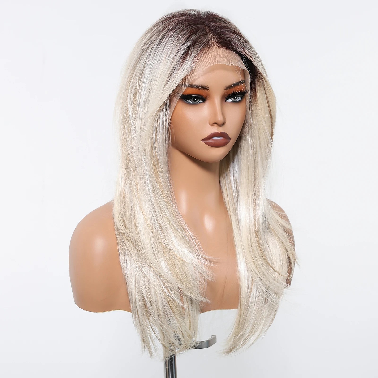 Glow with confidence wearing this ombre blonde platinum 13x6 lace frontal wig—long, straight, heat-resistant, and designed for a natural hairline, perfect for daily wear! -