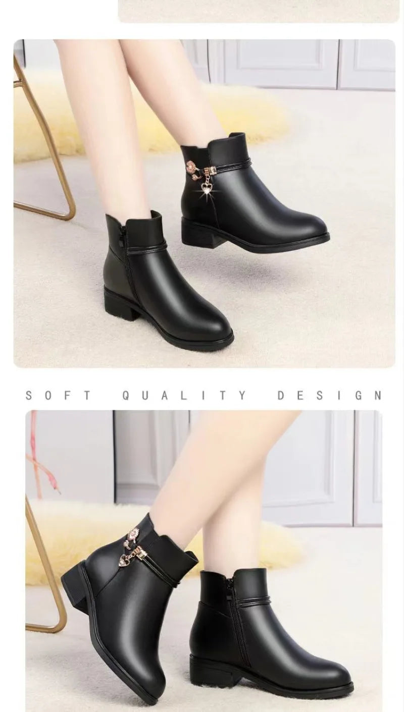Winter Boots Women's Waterproof Warm Leather Mother Cotton Boots Fashion Black Mid heel Plush Snow Boots Soft Sole Short Boot -