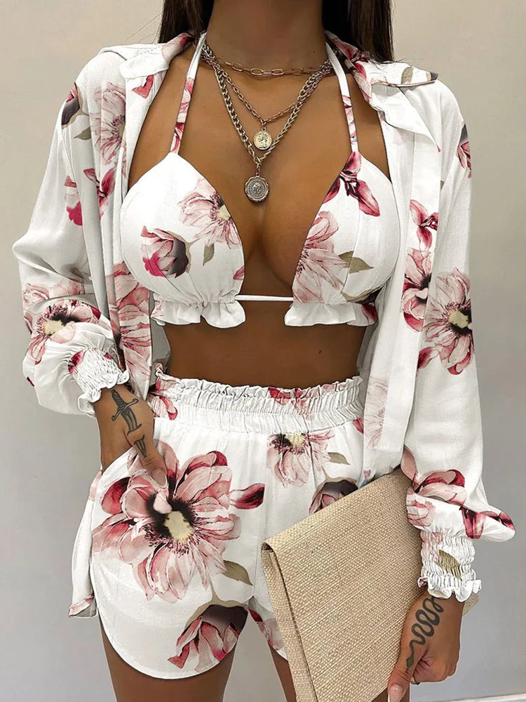 2024 New Bathing Suit Shorts Cover Up Summer Three Pieces Swimwear Sexy Beachwear High Waist Bikini Set Print Women's Swimsuit -