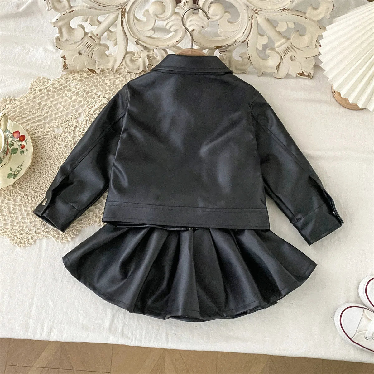 Children's Clothing Set 2025 Kids Clothes Autumn New Cool Girls Pu Leather Jacket With Short Skirt Fashion Two-Piece Outfit Set -