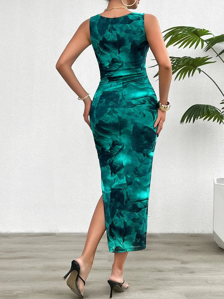 Women's Round Neck Style Slimming Sleeveless Dress With Split Bottom -