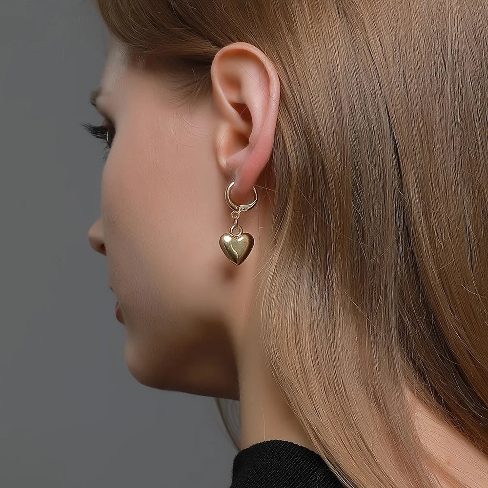 Glossy Gold Plated Metal Love Heart Dangle Earrings Set -
