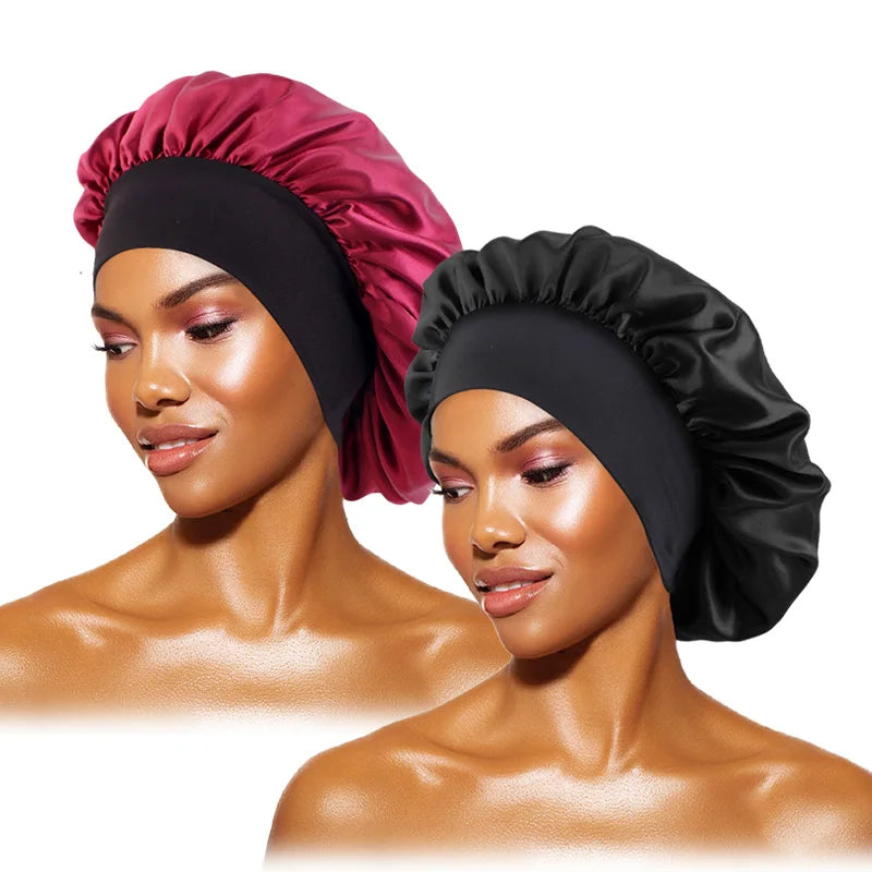 Protect your hair in style with these satin solid bonnets. Featuring a wide-brim design, these hats are perfect for night sleeping or bathing and are suitable for both men and women. -