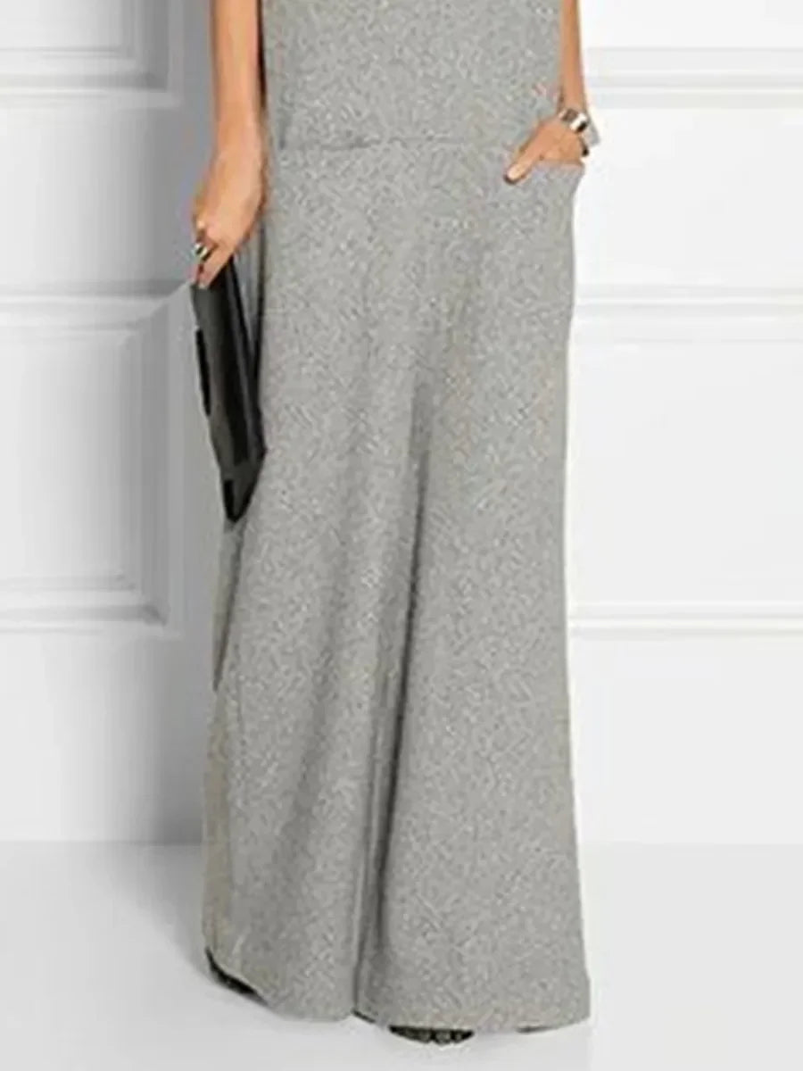 UOOZEE Women's Solid Color High Neck Pockets Elegant Maxi Dresses 2025 New Summer Short Sleeves Loose Urban Casual Long Dress -