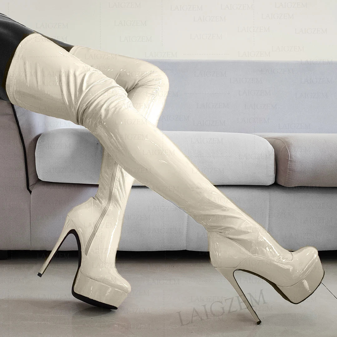 LAIGZEM Women Thigh High Boots Round Toe Stietto Heels Side Zip Over Knee Boots Cosplay Dance Shoes Woman Big Size 41 43 45 52 -