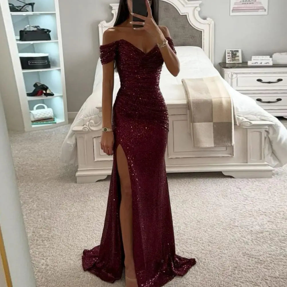 Dazzle in style with this sequin pleated maxi dress featuring short sleeves and a waist-tight silhouette—perfect for showcasing sophistication and glamour! -