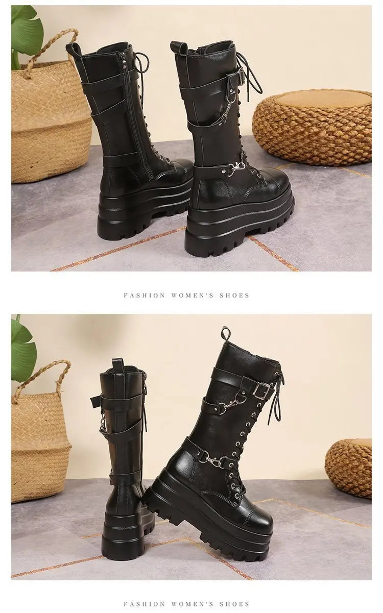 Plus Size 43 Autumn Women Boots Buckle Round Toe Wedges Platform Boots Punk Goth INS Women Street Shoes Combat Boots for Women -