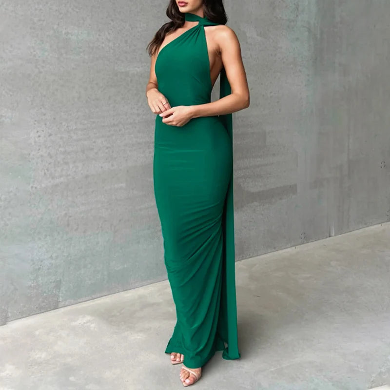 One Shoulder Sleeveless Backless Maxi Dress -