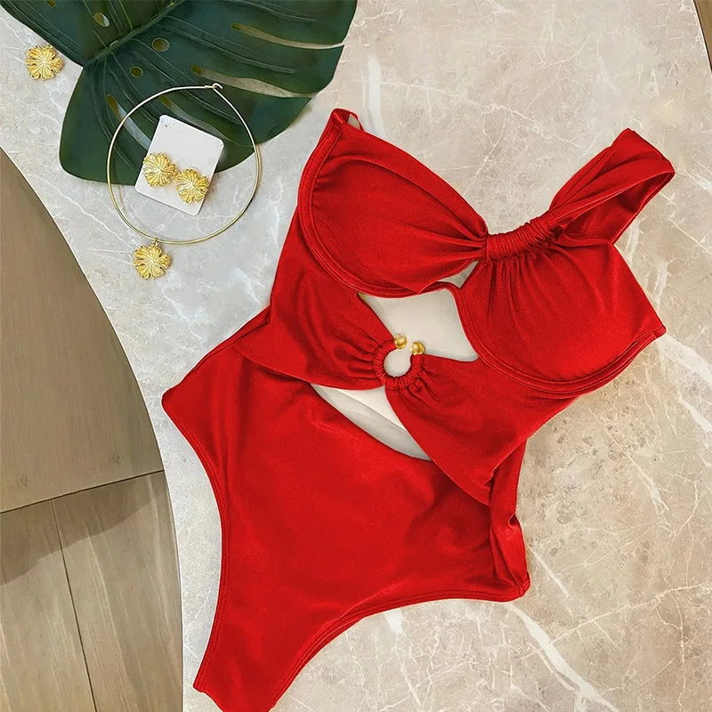 One Shoulder Swimsuit Women Swimwear 2025 Sexy Bikinis Female Biquini Hollowen Swim Suits Cut Out Bodysuit Bathingsuit Beachwear -