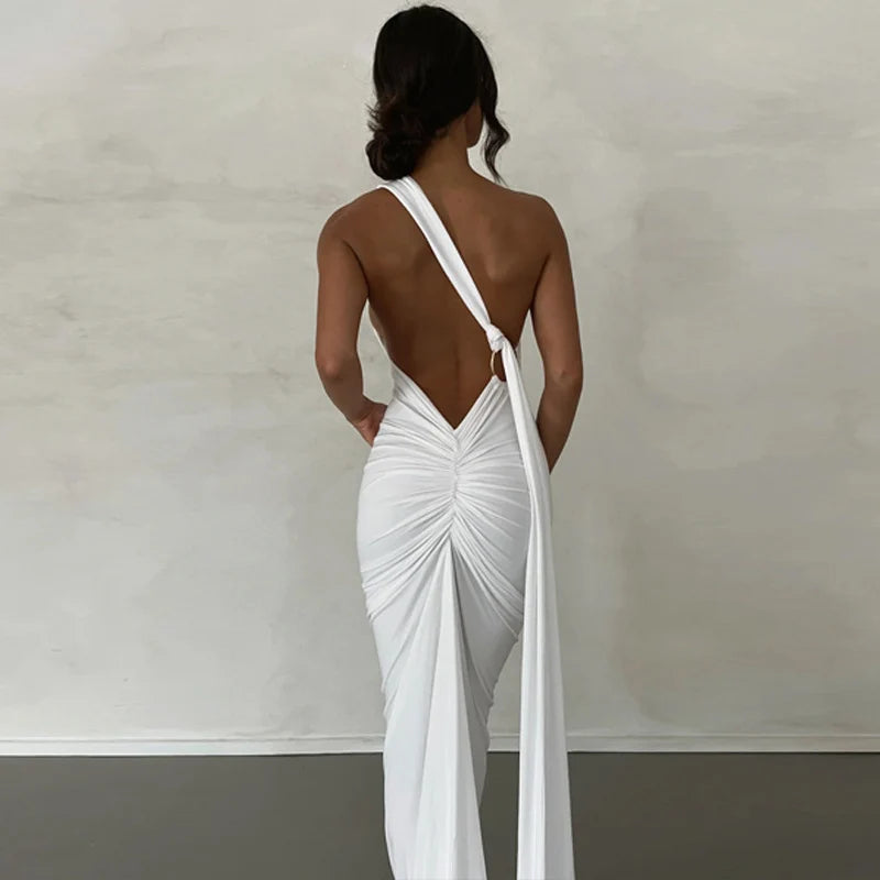 One Shoulder Sleeveless Backless Maxi Dress -