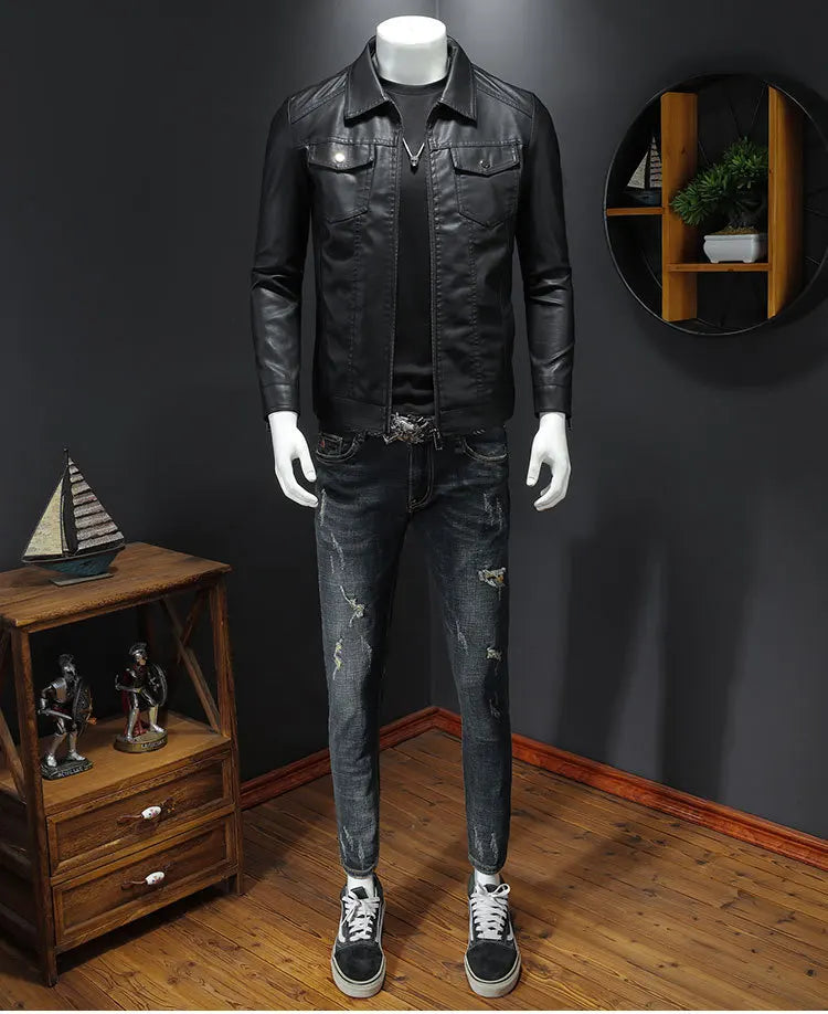 Men's Motorcycle Leather Jacket Large Size Pocket Black Zipper Lapel Korean Slim Fit Male High Quality PU Leather Coat for Men -