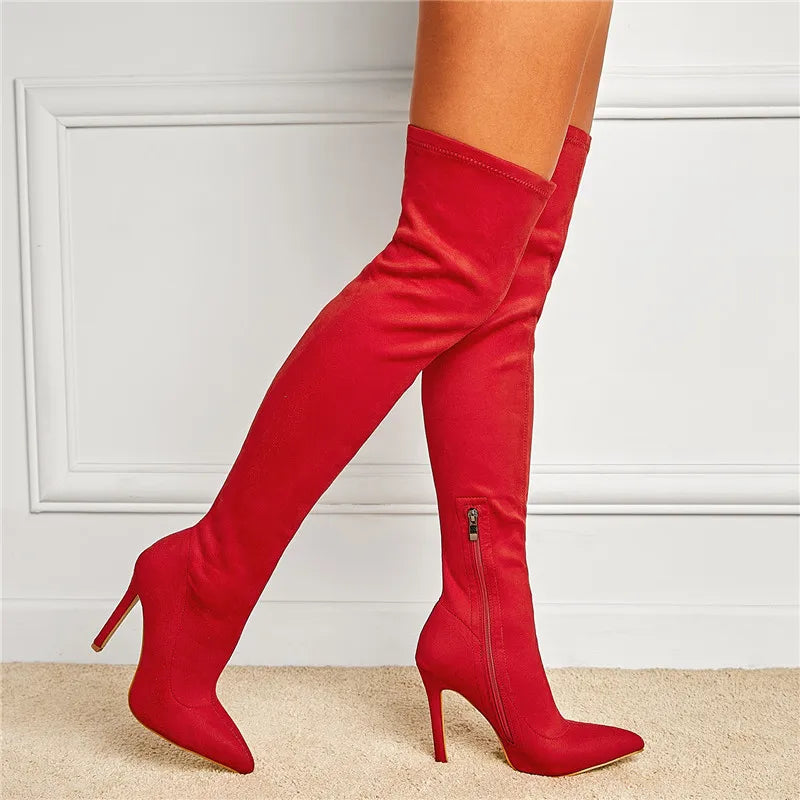 Eilyken Sexy Fashion Pointed Toe Over-The-Knee Boots Women Red Zipper High Heels Shoes Winter Striptease Motorcycle Long Botas -