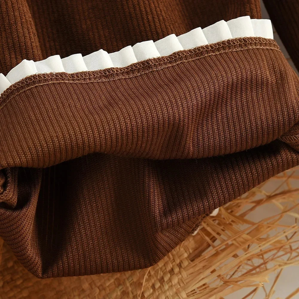 Clothes for Children Aged 8-12 Autumn New Long Sleeved T-shirt Top + Coffee Colored Vest + Pants Three Piece Set Girls Suit -