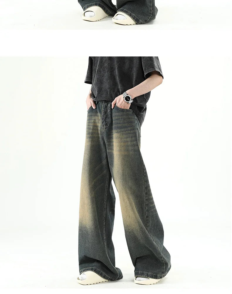 Men Denim Pants Blue Washed Male Jeans -