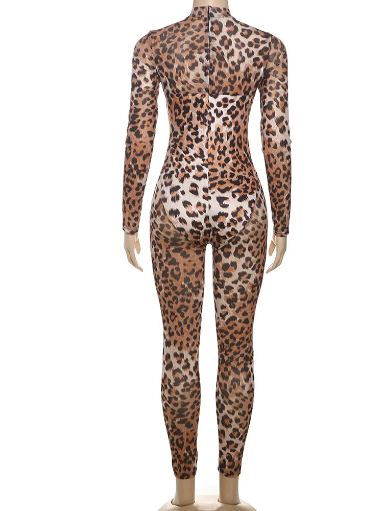 Leopard Full Sleeve Round NeckJumpsuits -