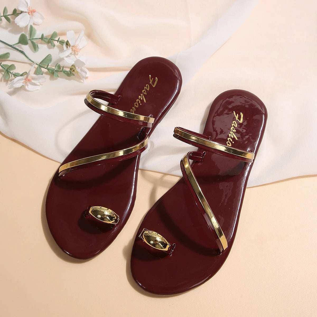 Wine Red Clip Toe Non Slip Slides Flats -