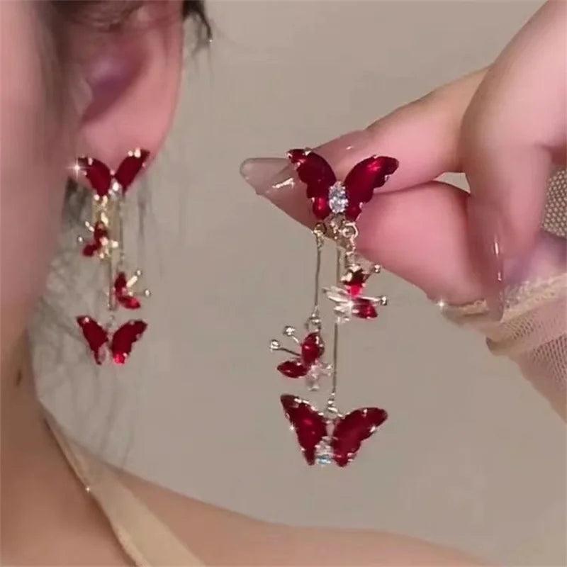 Elegant Red Zircon Butterfly Drop Earrings -