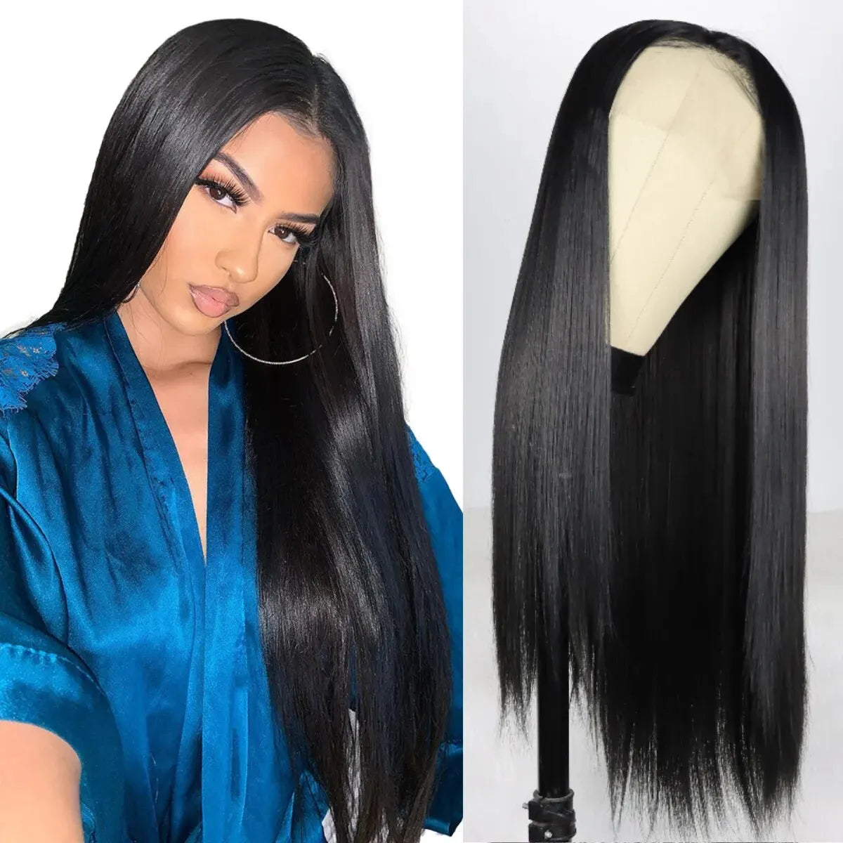 Long Straight Black Lace Front Wig Natural Black Pre Plucked HD Lace Front Wig Glueless Heat Resistant Fiber -