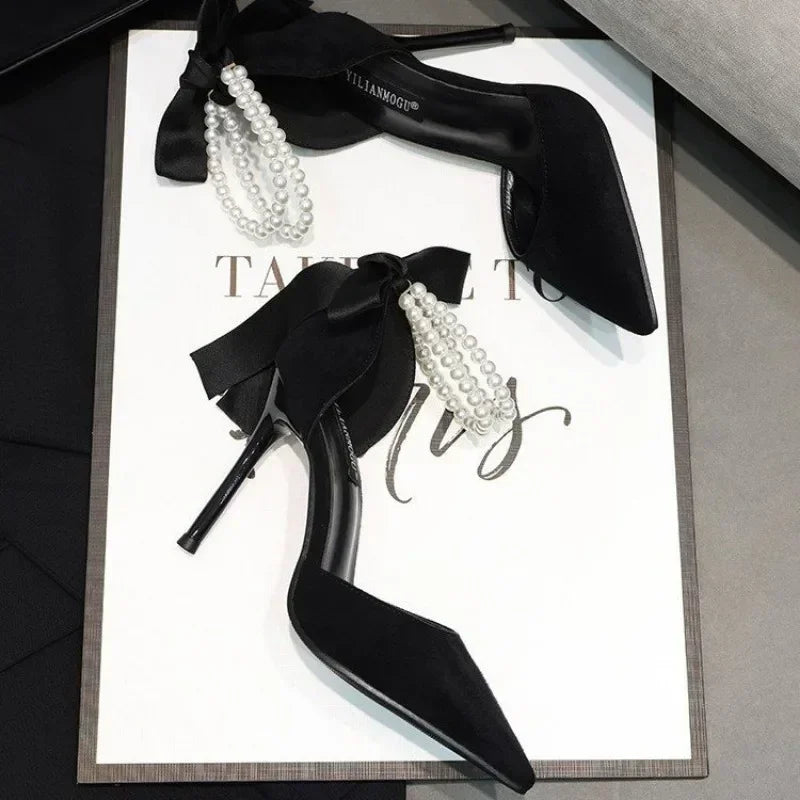 Shoes for Women 2023 Brand Spring Women's Pumps Pointed Toe Solid Flock Beads Bow Tie Buckle Shallow Mouth Novelty High Heels -