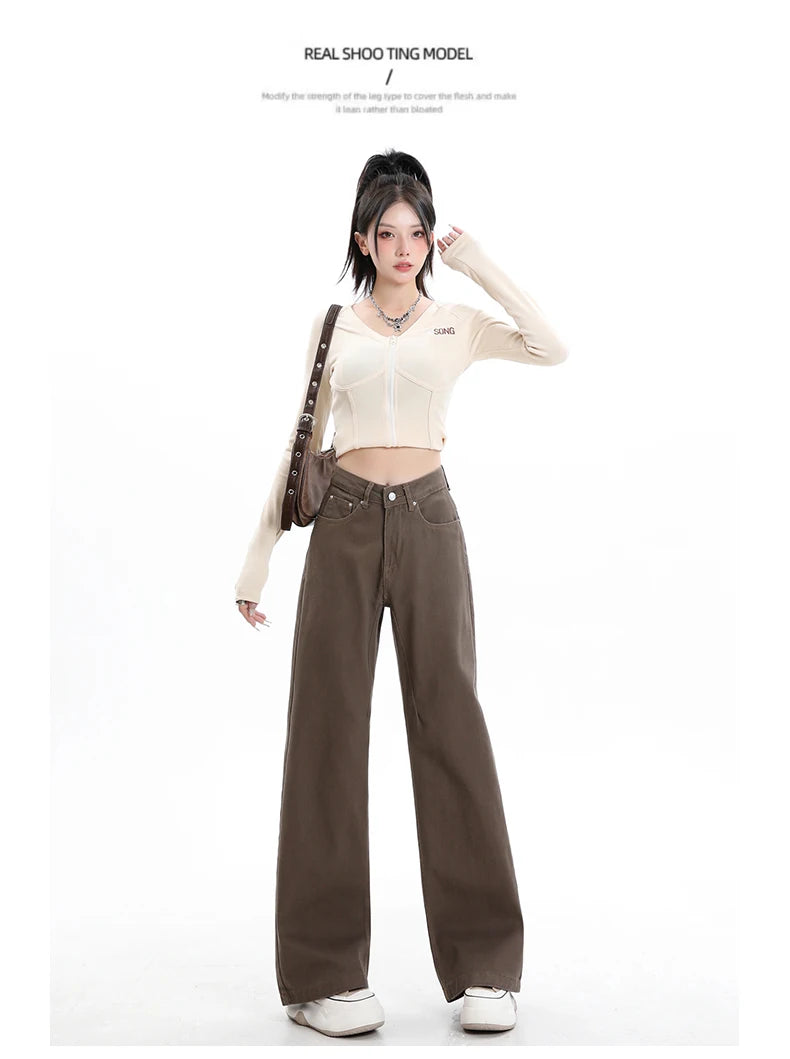 Rock the urban vibe with these baggy, high-street fashion, straight brown jeans for women! -