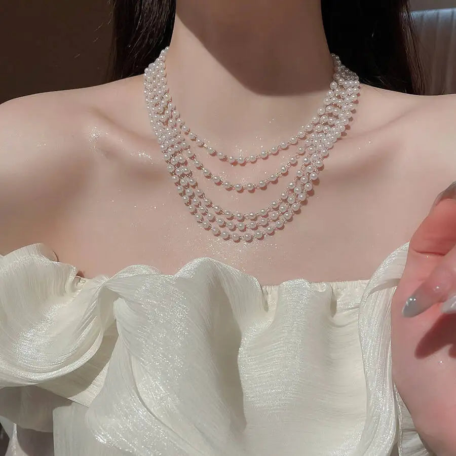 Multi-Layer Pearl Choker Necklace -