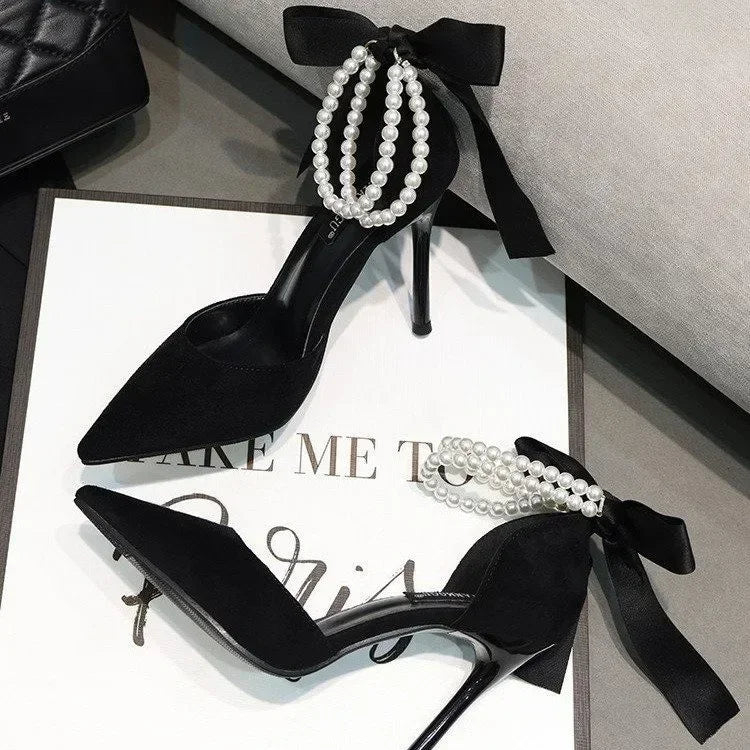 Shoes for Women 2023 Brand Spring Women's Pumps Pointed Toe Solid Flock Beads Bow Tie Buckle Shallow Mouth Novelty High Heels -