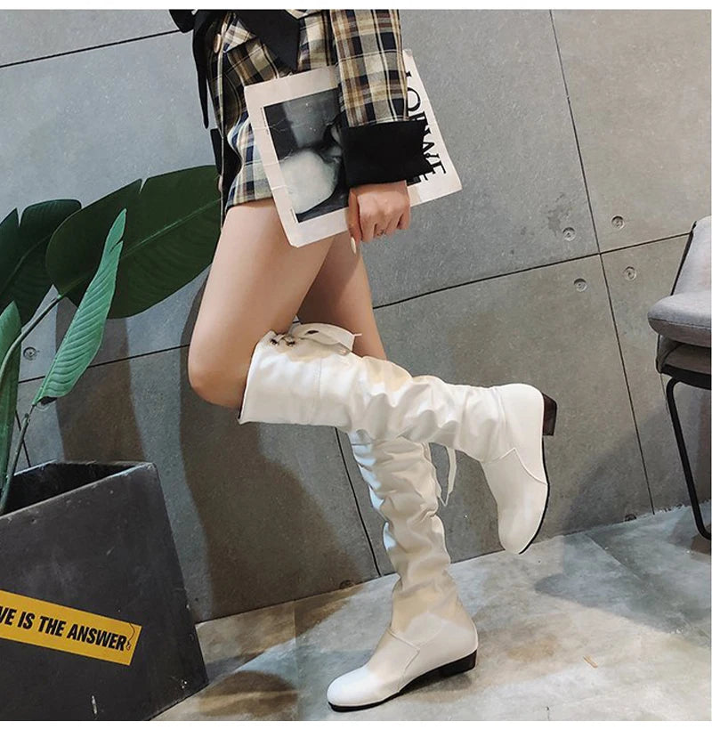 2023Shoes For Women Knee High Boots Red Black White Tall Boots Woman Pleated Low Heel Casual Leather Female Long Shoes -