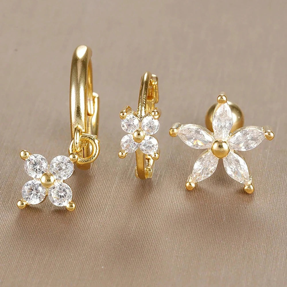 3PCS Stainless Steel Zircon Flower Earring Set for Women -