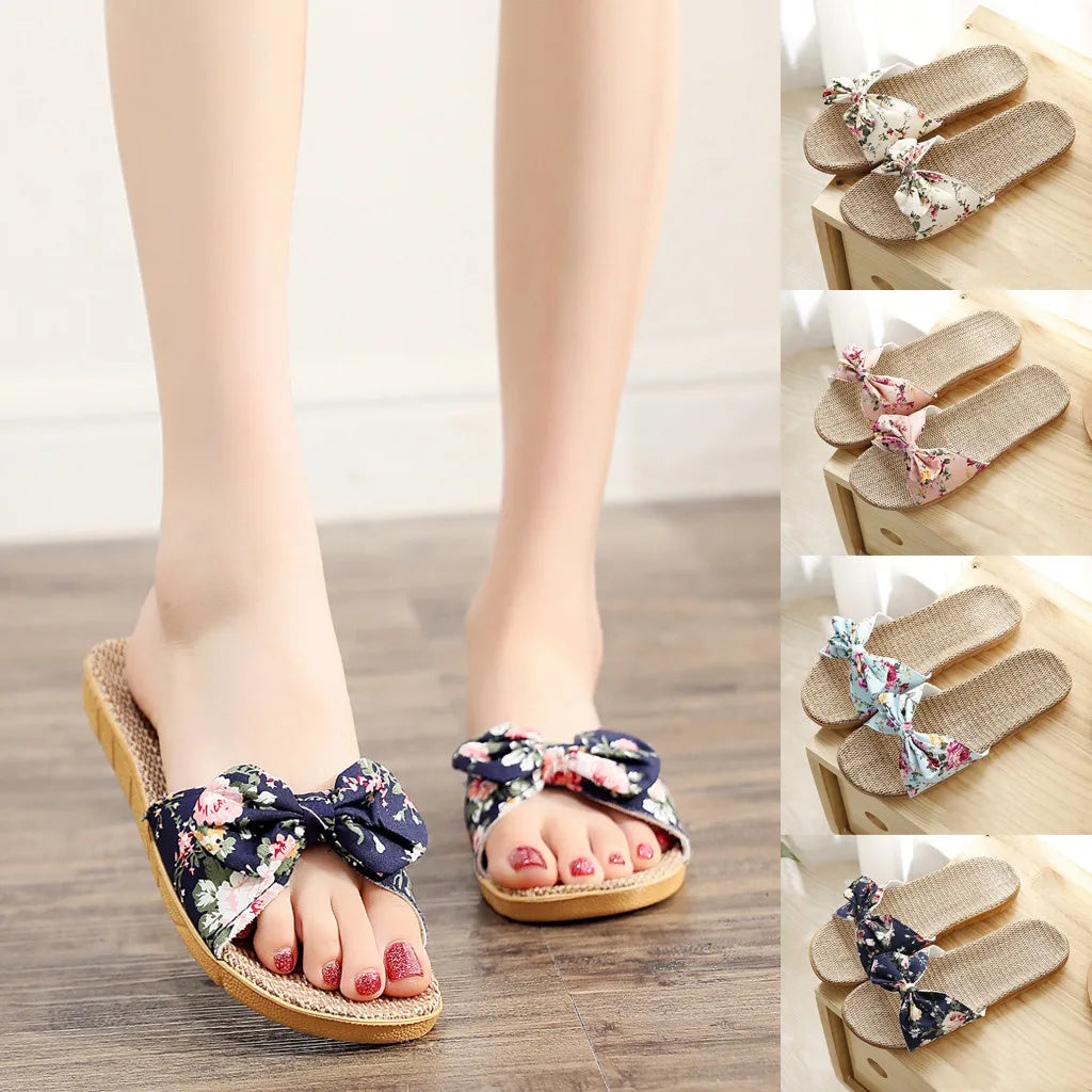 Ladies' Bohemian Style Bow Flower Linen Slippers Sandals Beach Shoes Home Shoes Beach Slippers Indoor Non Slip Shoes 2024 -