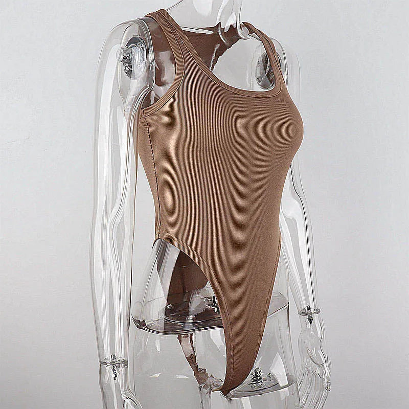 Achieve a hot and sexy look with this sleeveless knit bodysuit featuring an off-shoulder halter design. Perfect for making a stylish and alluring statement! -