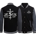 Make a statement with this preppy-style baseball jacket featuring a Jesus Saved My Life letter graphic. This unique design adds a touch of faith-inspired fashion to your look. -