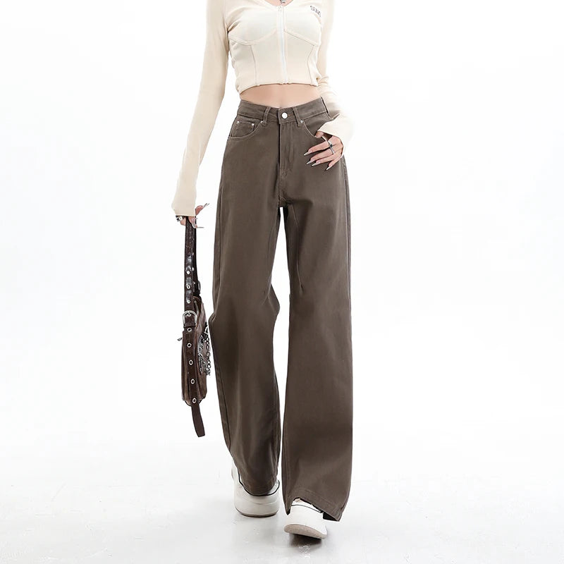 Rock the urban vibe with these baggy, high-street fashion, straight brown jeans for women! -