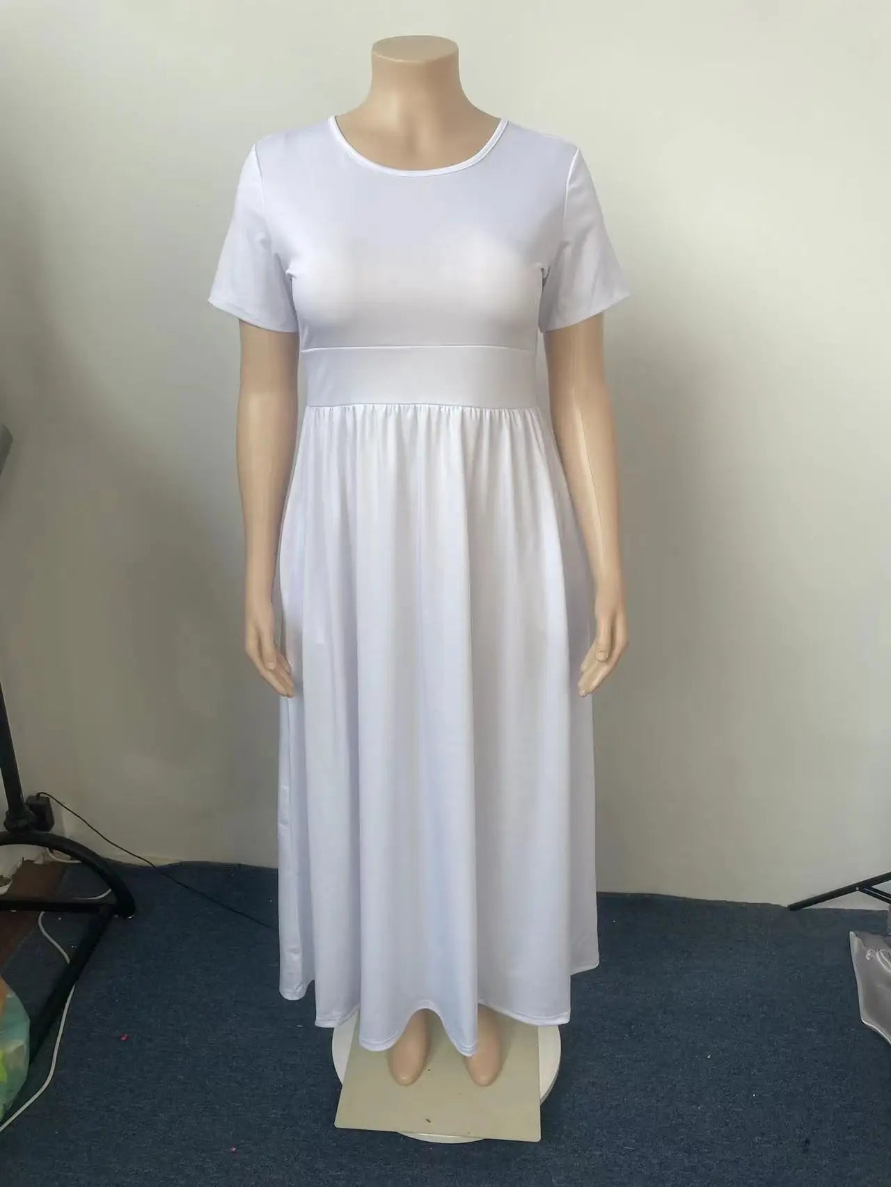 Plus Size Women Casual Dress Loose Solid Color High Waisted Short-sleeved Round Collar Ladies Dresses 4XL 5XL -