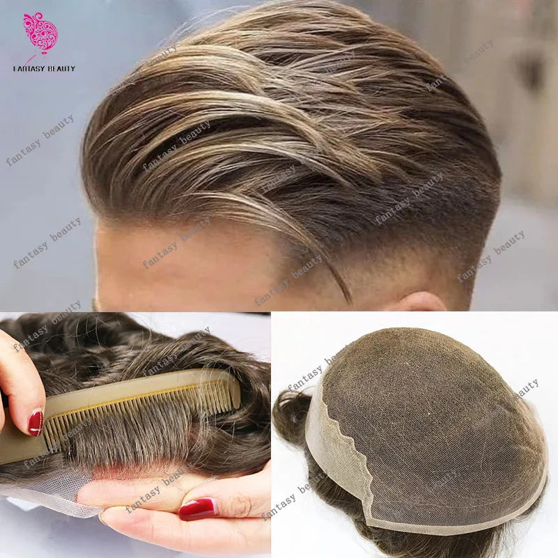 Achieve a seamless look with this natural hairline lace front male wig—ash blonde to brown shades, breathable 100% human hair, featuring lace & PU cap for a comfortable, realistic fit! -