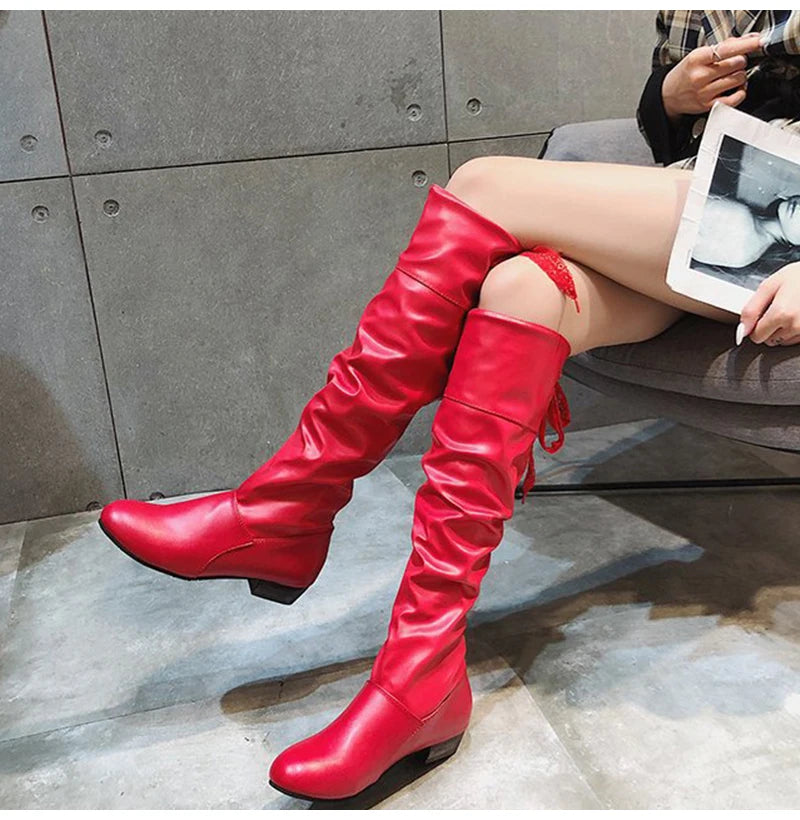 2023Shoes For Women Knee High Boots Red Black White Tall Boots Woman Pleated Low Heel Casual Leather Female Long Shoes -