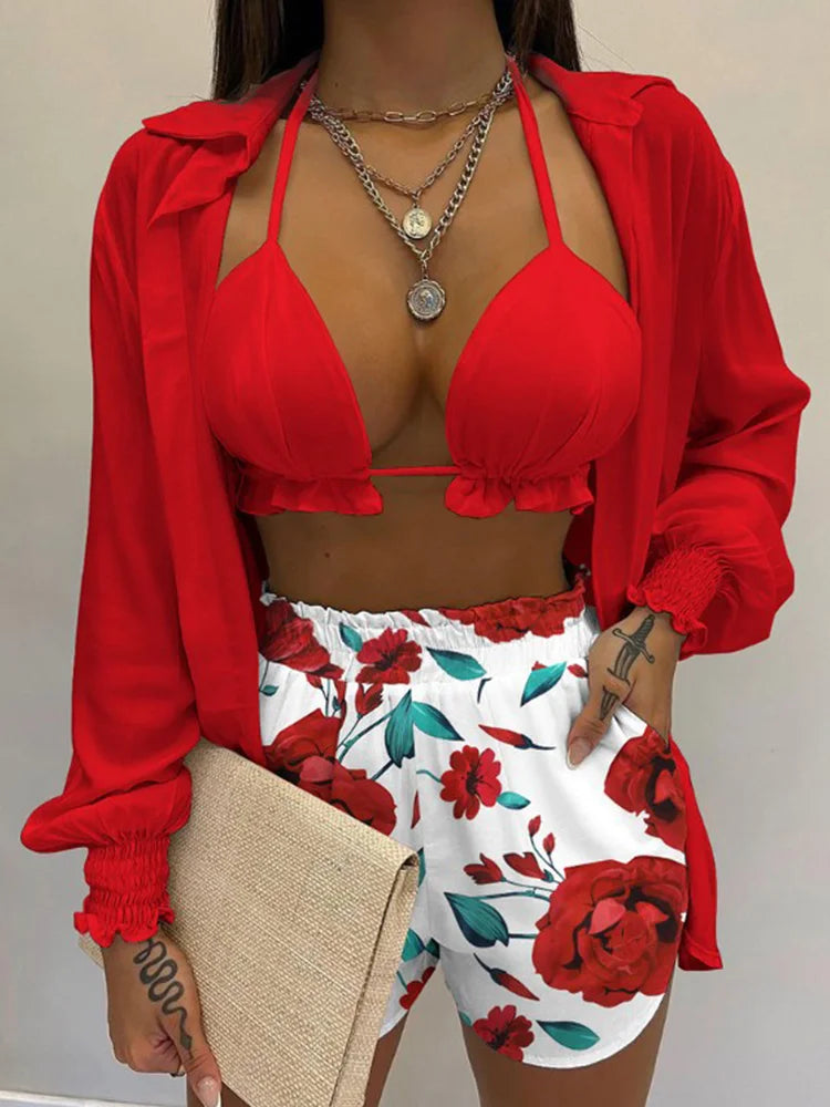 2024 New Bathing Suit Shorts Cover Up Summer Three Pieces Swimwear Sexy Beachwear High Waist Bikini Set Print Women's Swimsuit -