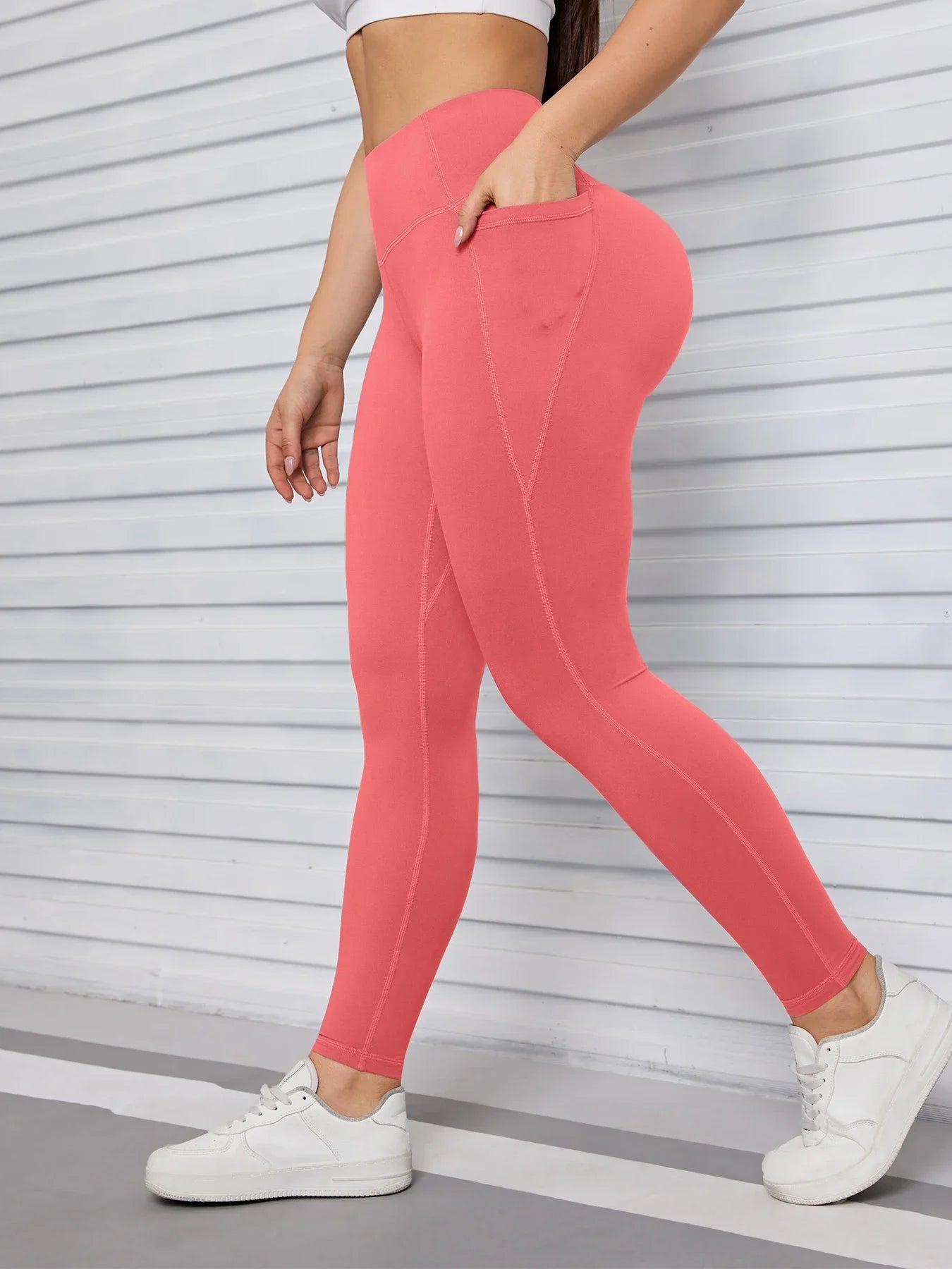 Yoga Pants with Pockets Tummy Control Butt Lifting Fitness Tights Women Solid Color Workout Leggings Sportswear -